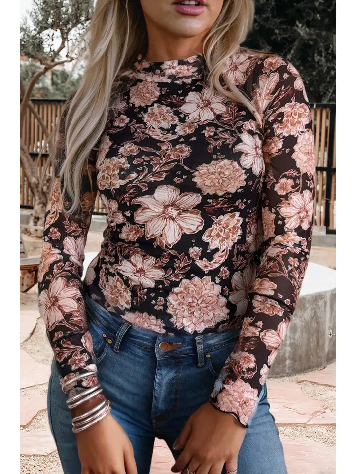 Mock Neck Floral Print Mesh Top