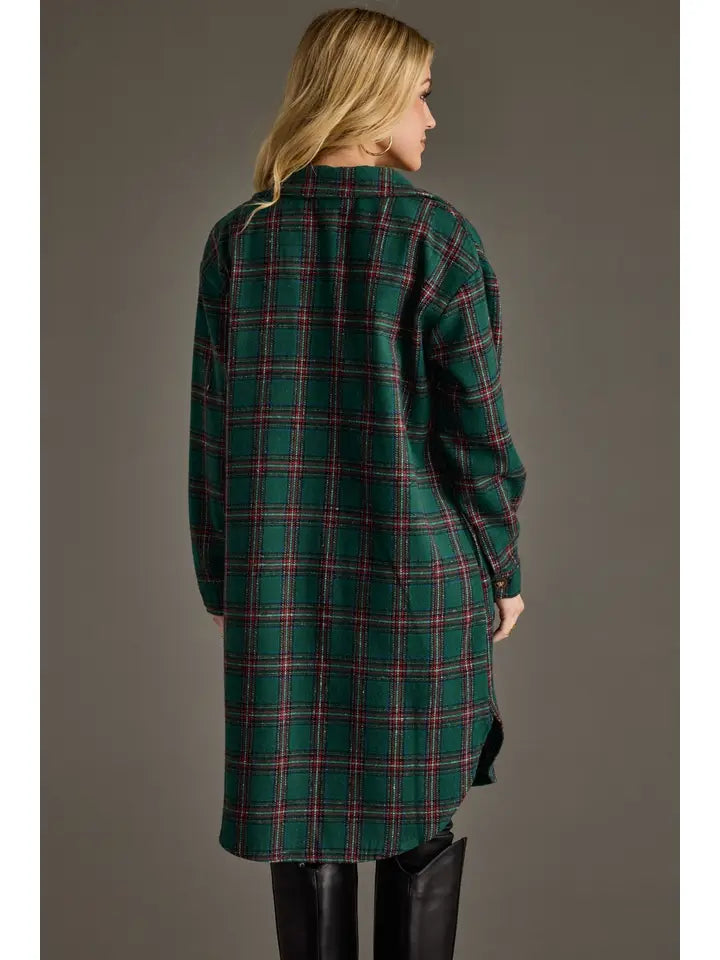 Green,Red,Blue Plaid Long Shacket