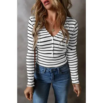 Black and White V Neck Henley