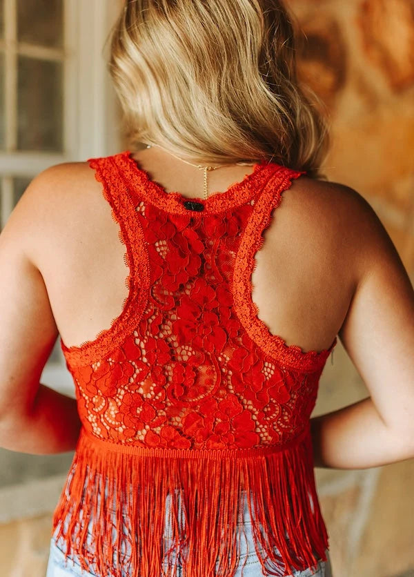 Red Lace Fringe Crop