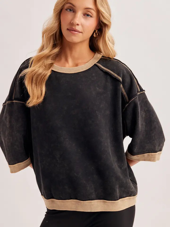Exposed Hem Boxy Black and Beige Sweatshirt