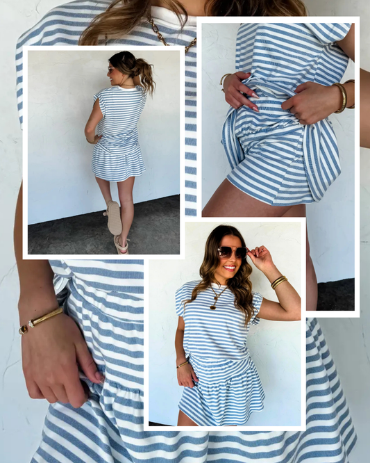 Navy and white striped skort set for women, sporty chic outfit
