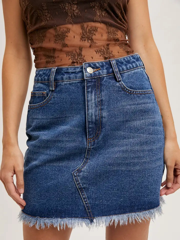 High Wasted Raw Hem Jean Skirt