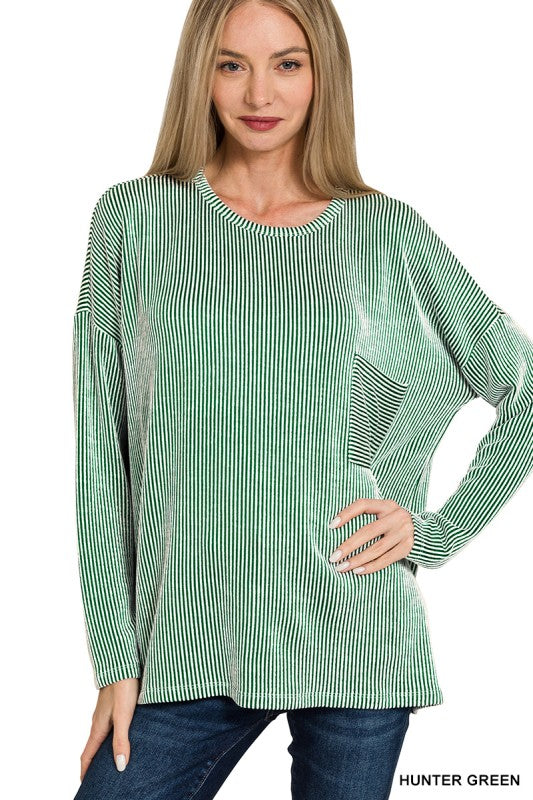 Ribbed Striped Oversized Long Sleeve Top