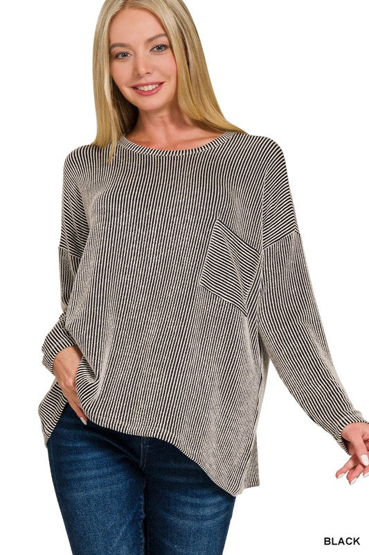 Ribbed Striped Oversized Long Sleeve Top