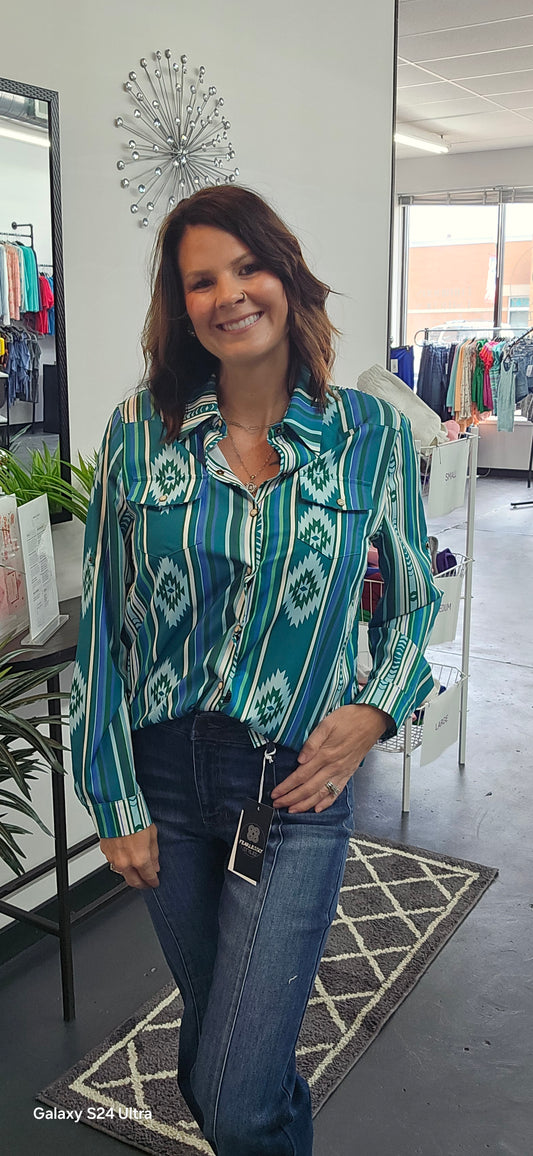Turquoise Stripe Aztec Pearl Snap Retro/ 90's Western Top