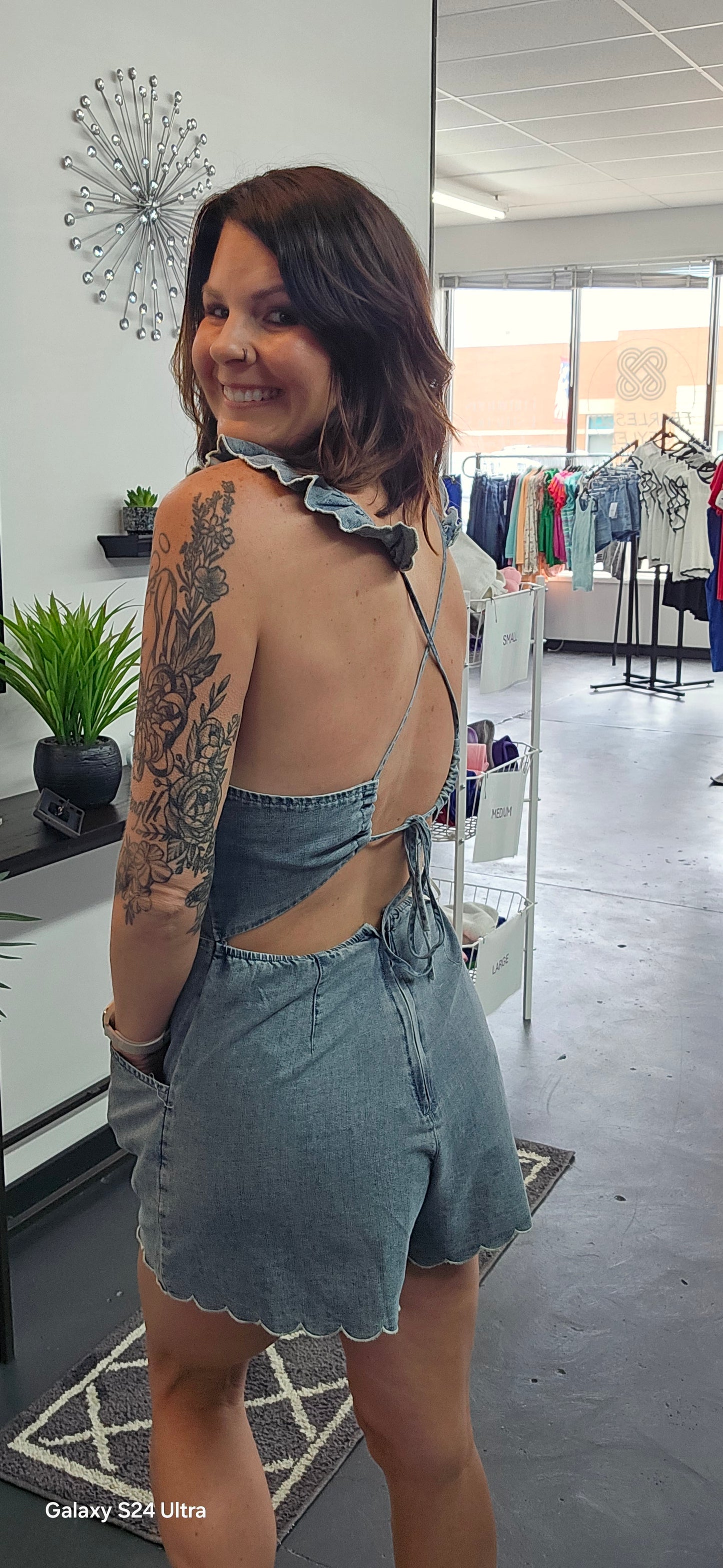 Ruffle strap open back Denim Romper