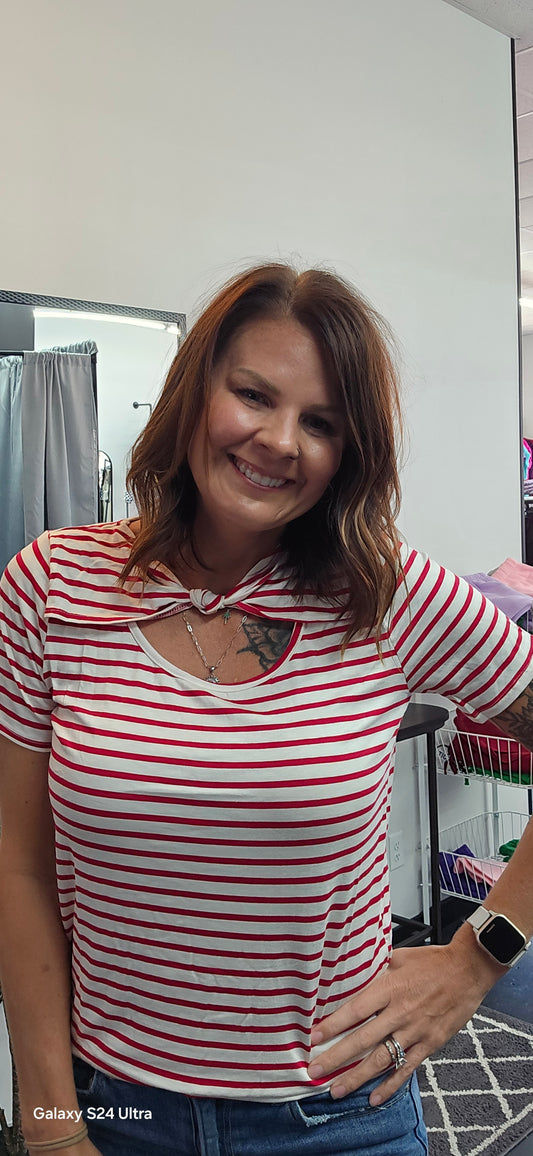 Red Striped knit cut out front tied top