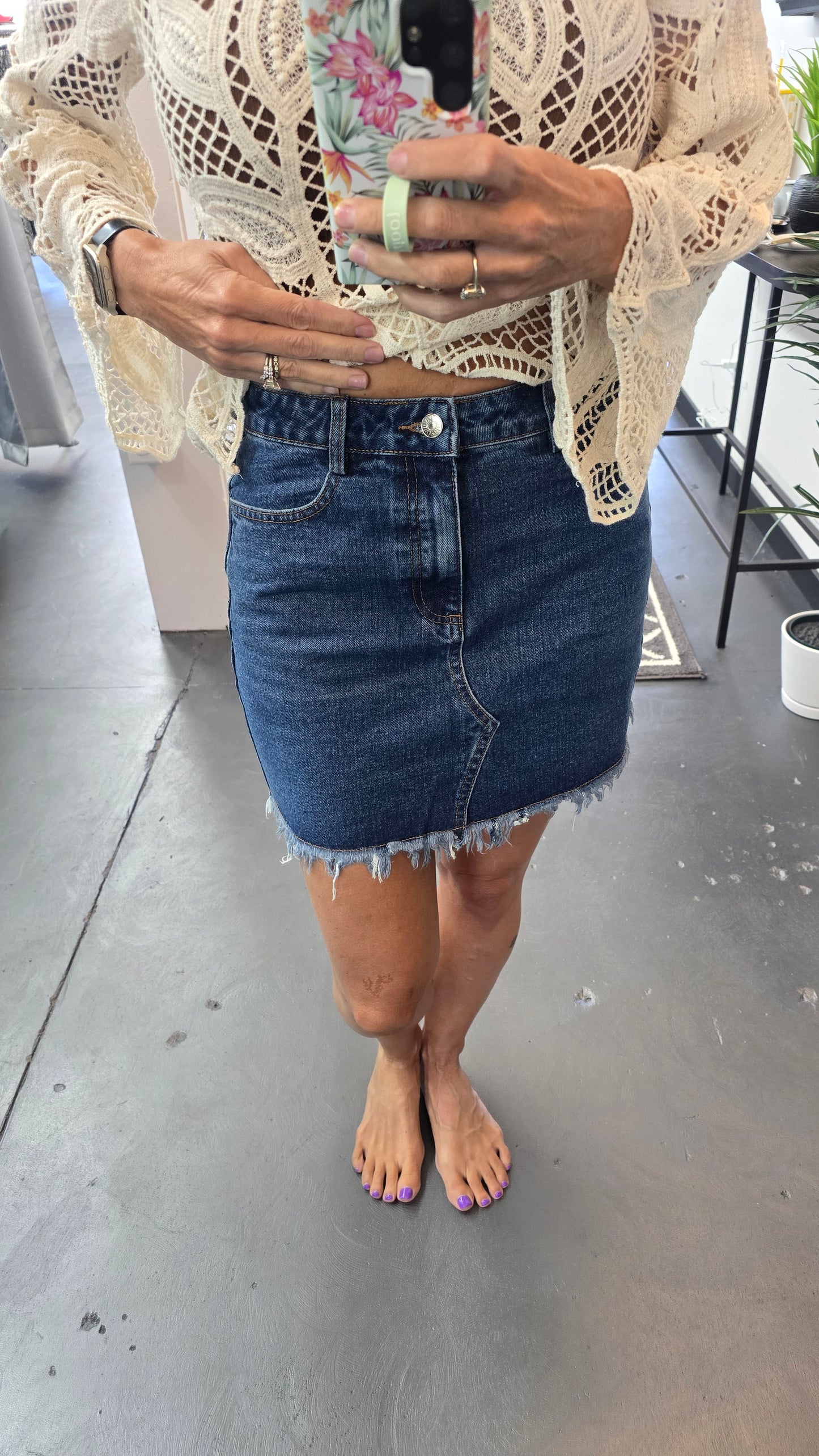 High Wasted Raw Hem Jean Skirt