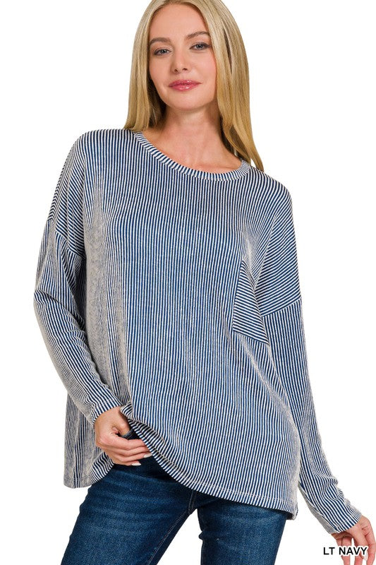 Ribbed Striped Oversized Long Sleeve Top