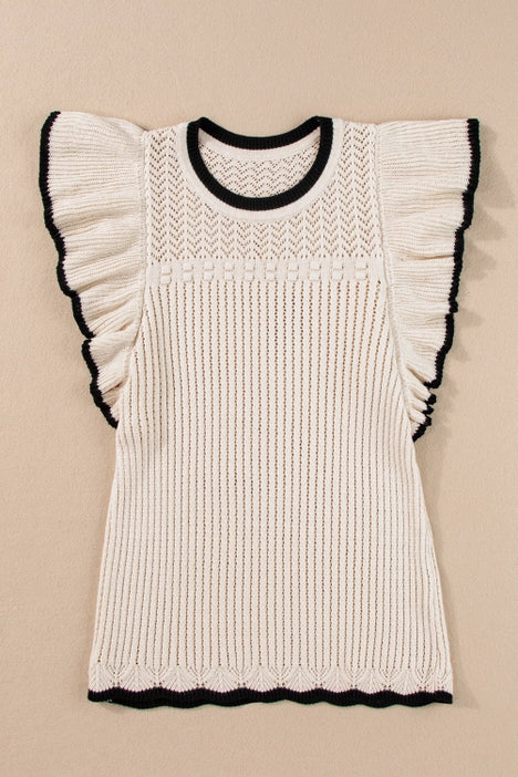 White with black trim Crochet Eyelet Top