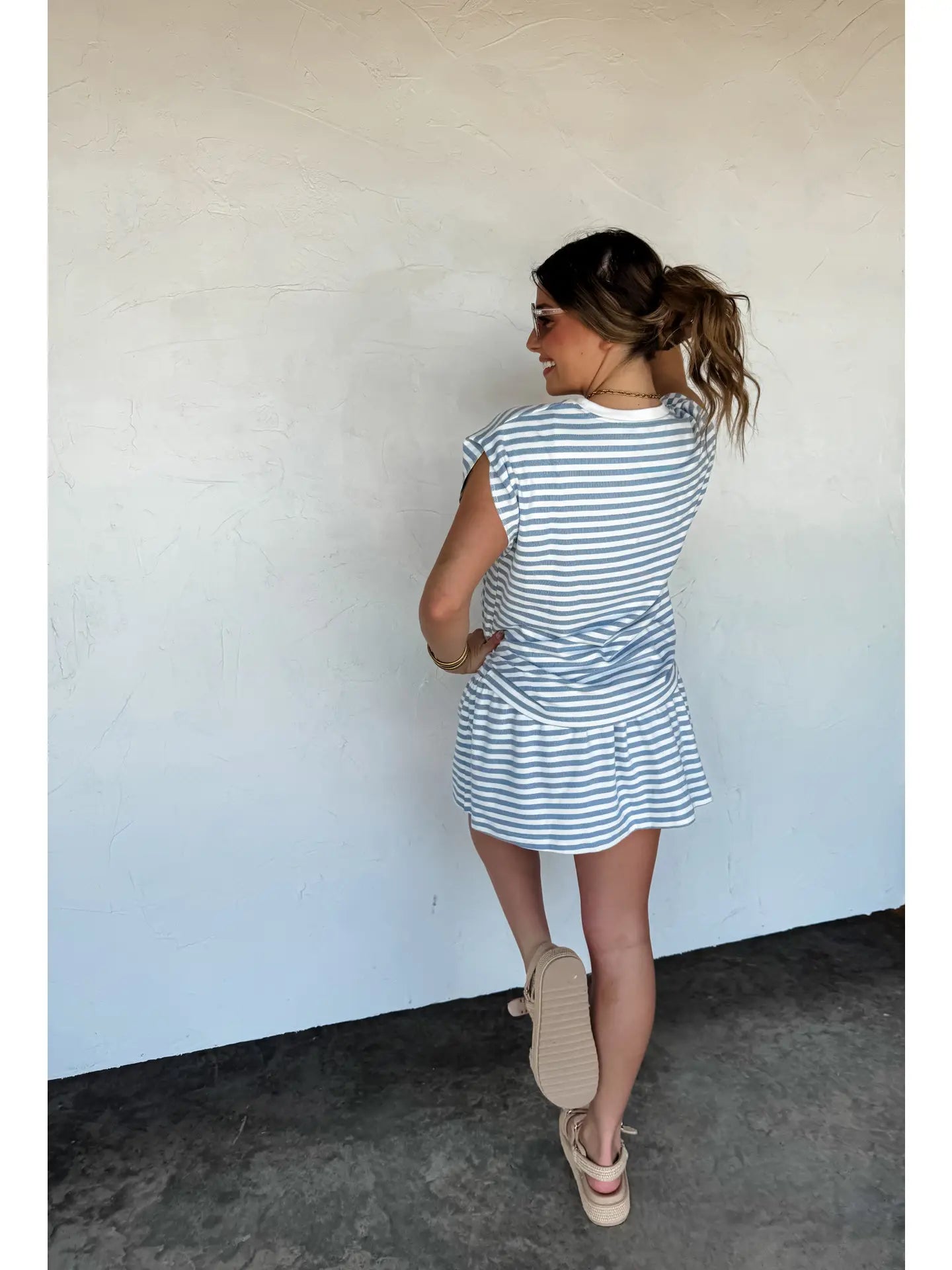 Back view of matching striped skort set, casual summer 