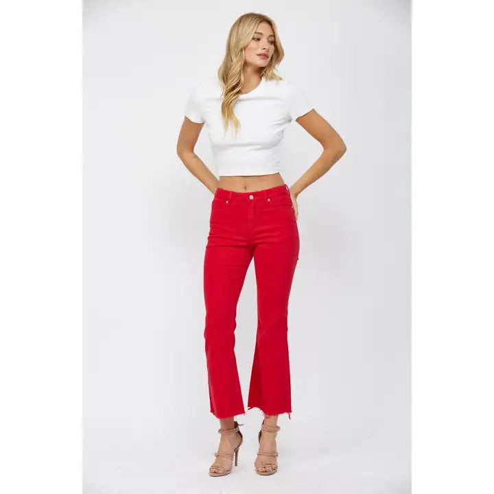 Red High Rise Ankle Flare