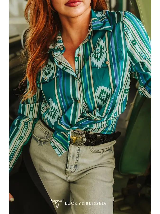 Turquoise Stripe Aztec Pearl Snap Retro/ 90's Western Top