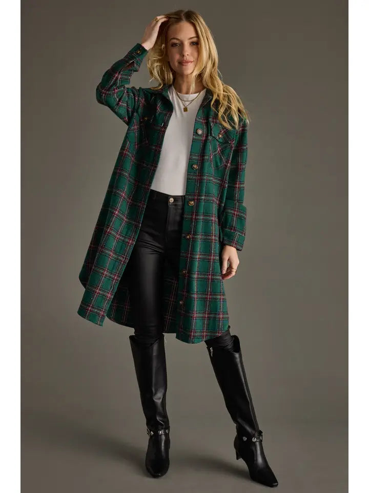 Green,Red,Blue Plaid Long Shacket