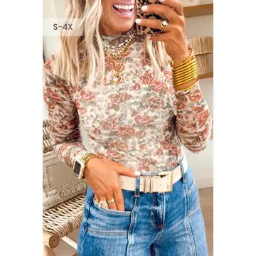 Mock Neck Floral Print Mesh Top