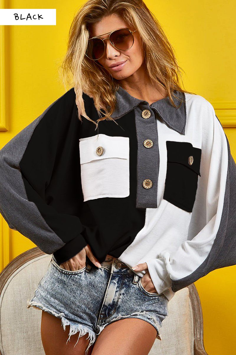 BiBi Color Block Contrast Stitching Buttoned Henley Top