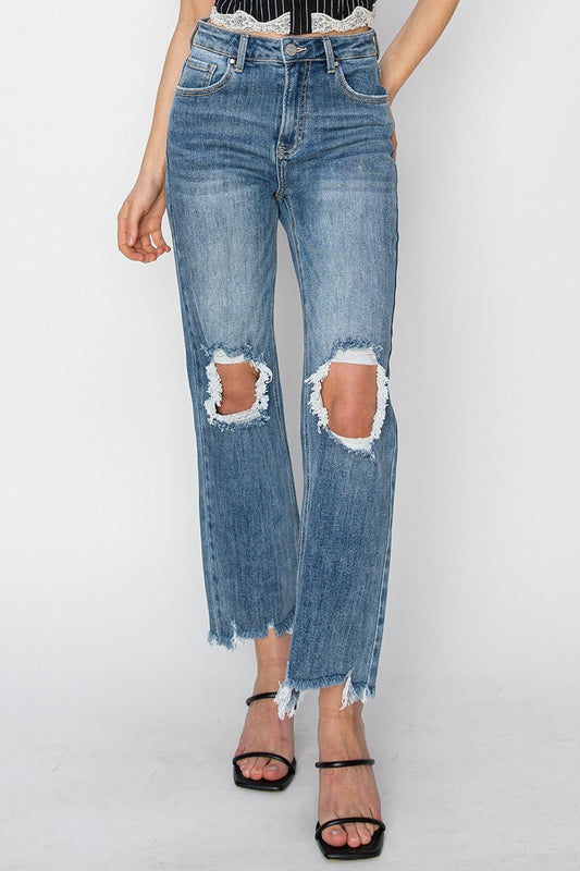 Risen- Medium wash cropped distressed jeans