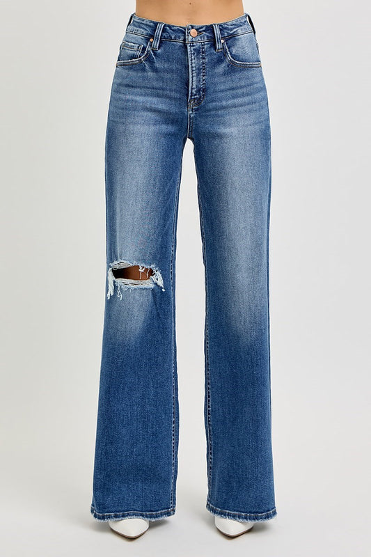 Dark Wide Leg with Knee Distress- Risen
