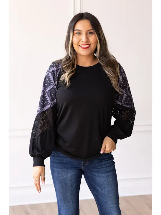 Black Aztec top with lace sleeve